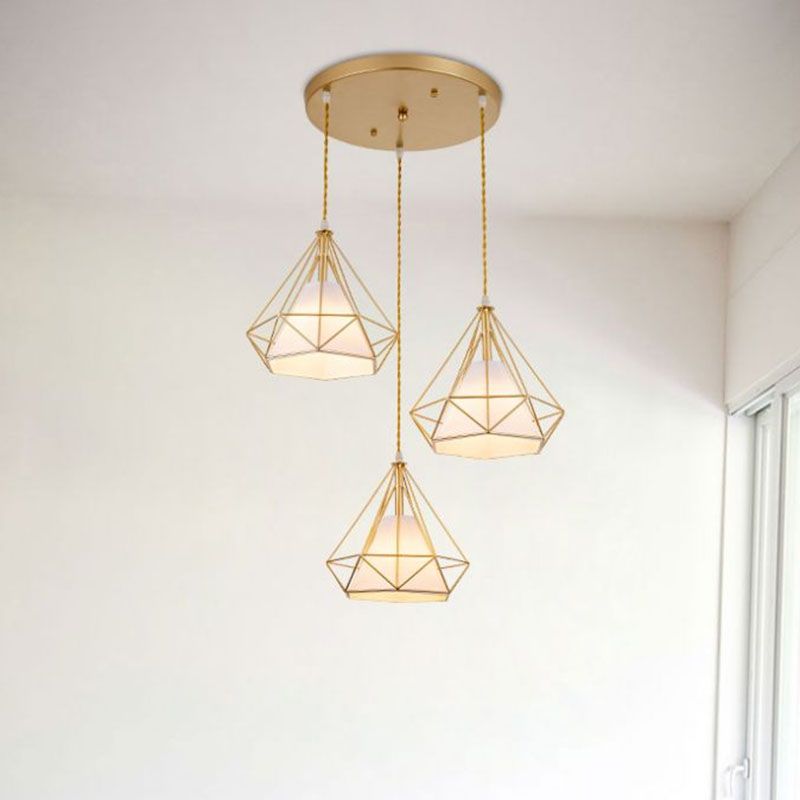 Diamond Cage Iron Suspension Light Fixture Vintage 3 Bulbs Restaurant Multi Ceiling Lamp with Inner Cone Shade