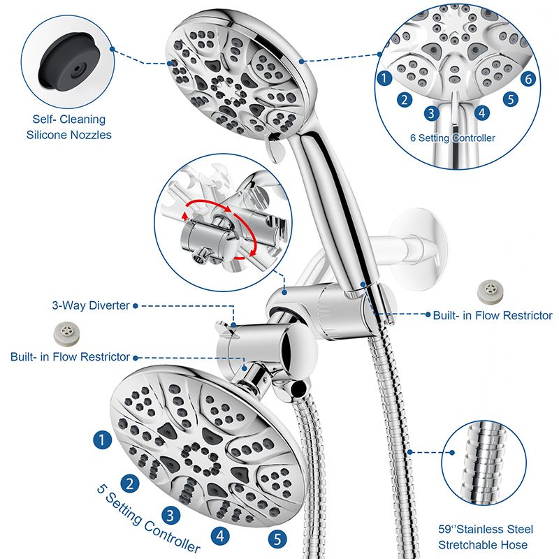 Contemporary Shower Combo Dual Shower Head Chrome Ceiling Mounted Round Shower Head