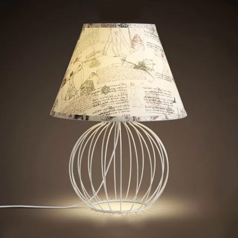 White 1-Light Desk Lamp Traditionalist Fabric Night Table Light with Spherical Wire Cage Base