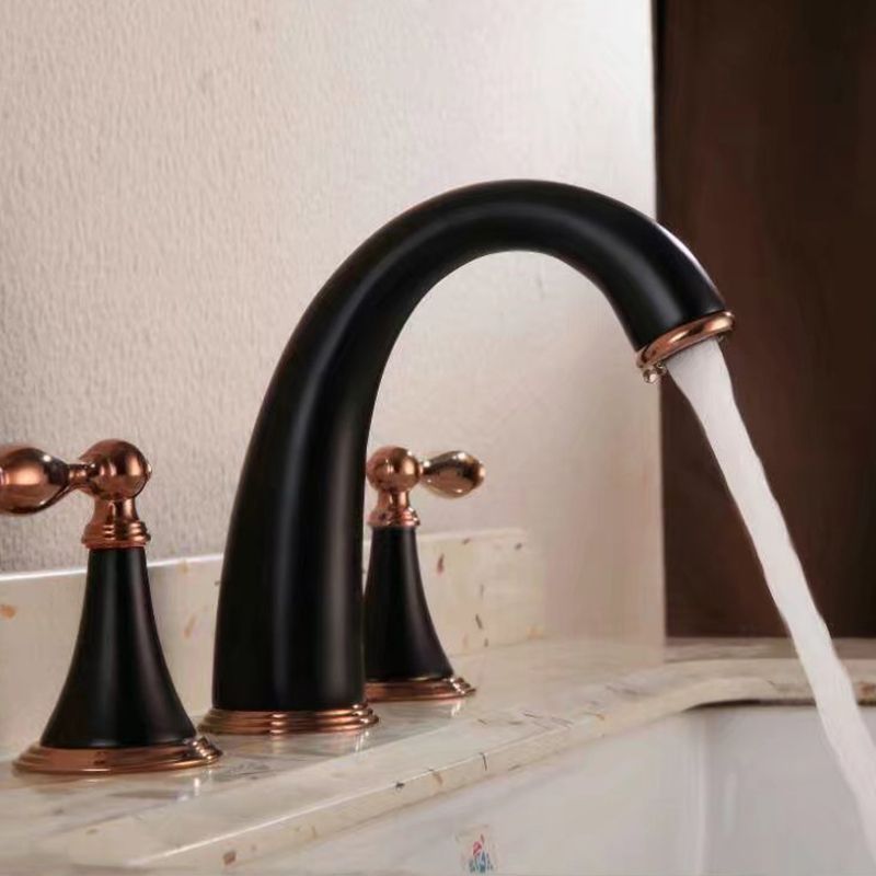 Glam Widespread Bathroom Faucet Lever Handles 3 Holes Low Arc Solid Brass Faucet