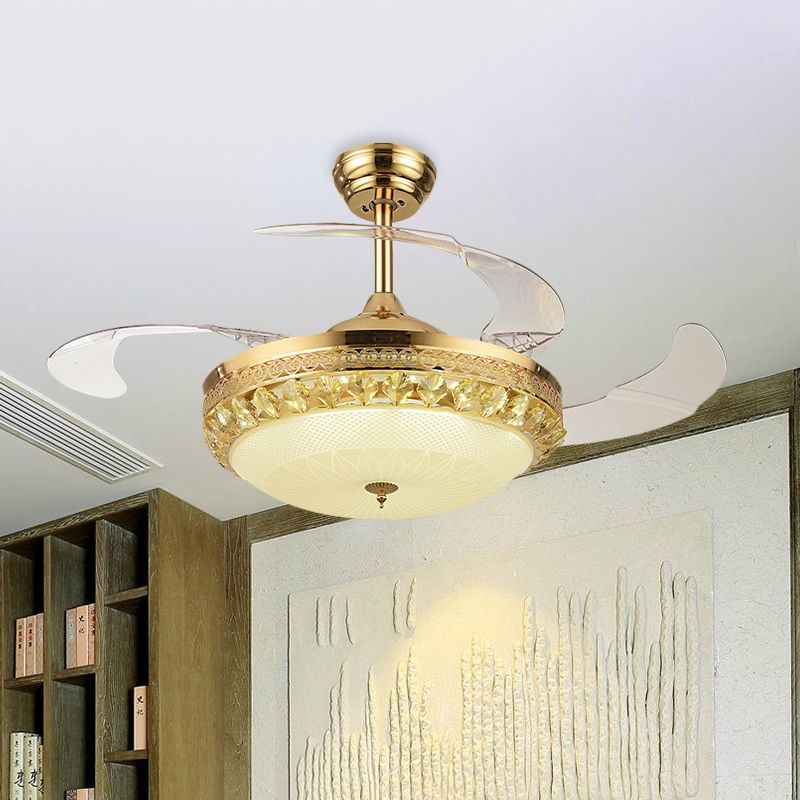 42.5" Wide Gold Bowl Fan Light Fixture Simple Crystal 3 Blades Family Room LED Semi Mount Lighting