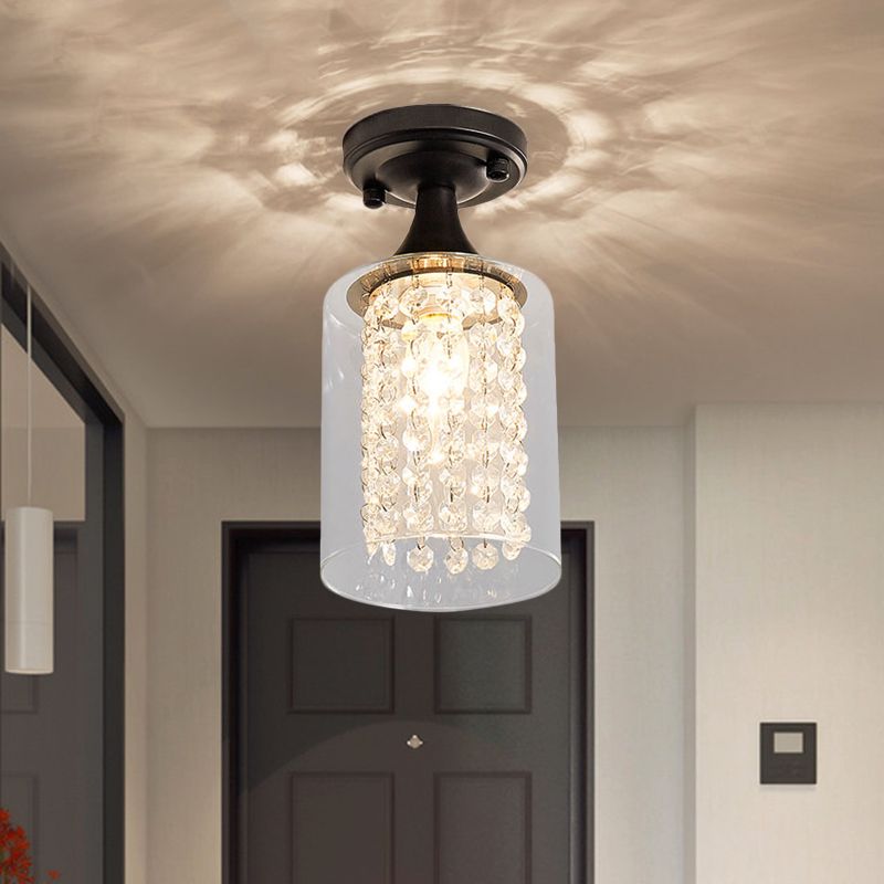 1 Corridor Light Corridor Semi Flush Mount Lumière avec Cylindre / Globe Glass Shade and Crystal Strand Vintage Black Plafond Aymording