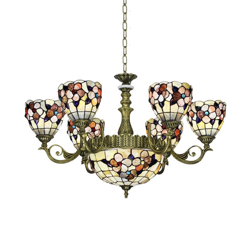 9/11 Lights Bedroom Ceiling Chandelier Tiffany Beige Flower Patterned Suspension Lamp with Bowl Shell Shade