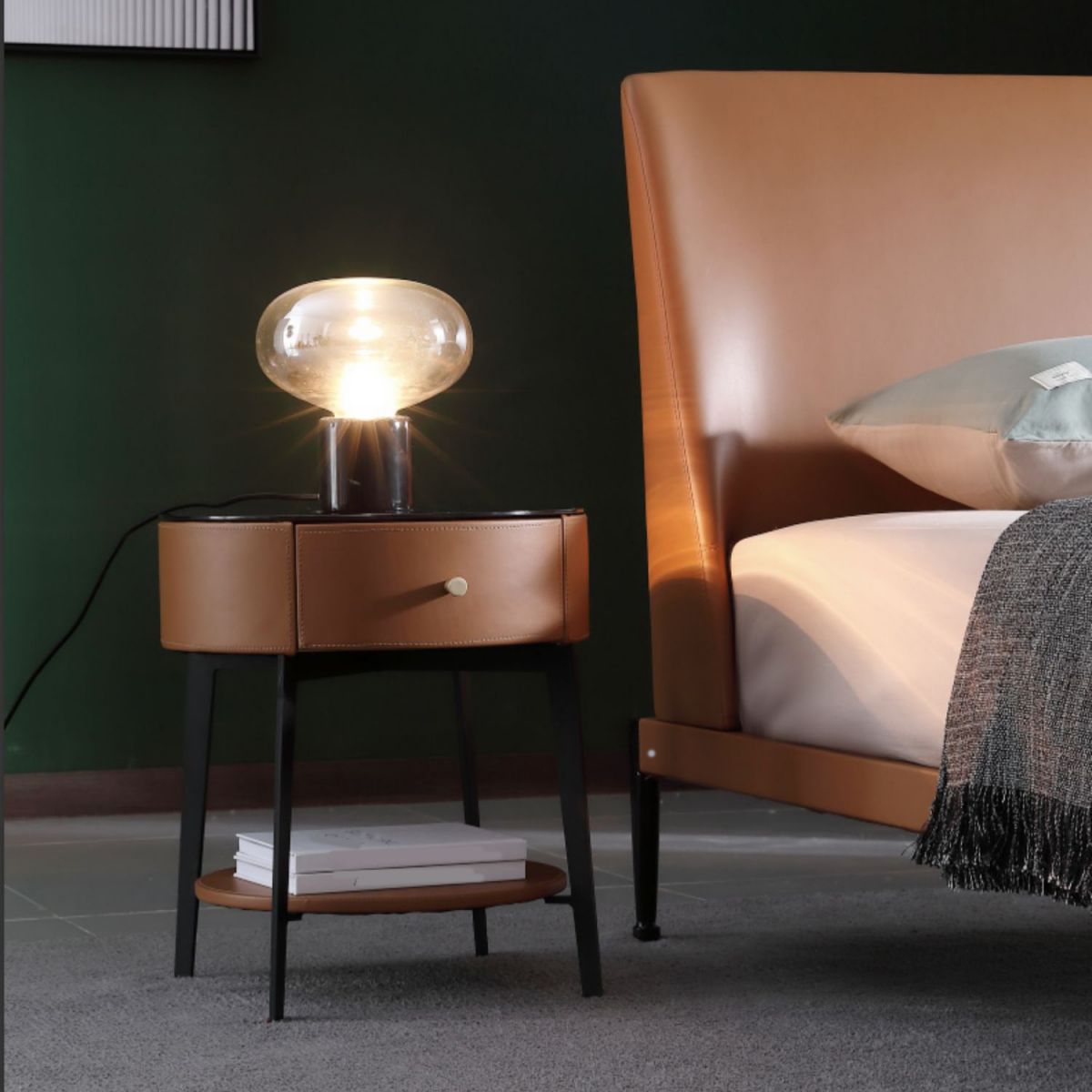 Leather and Metal Bed Nightstand Modern Minimalist Open Bedside Table with Legs