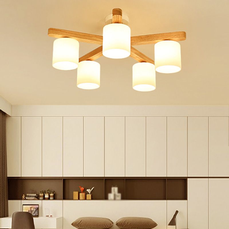 Cilíndrico Cilíndrico Semi Flush Lighture Estilo simple Madera Semi Flush Mount Chandelier