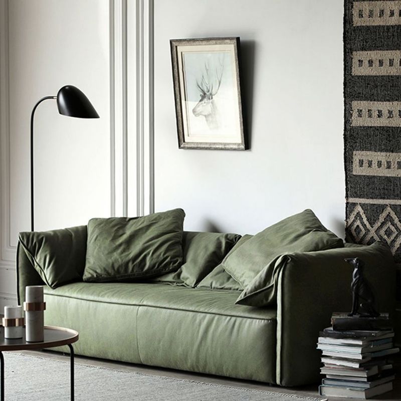 Living Room Faux Leather Settee Green Slipcovered Sofa with Pillow Top Arm