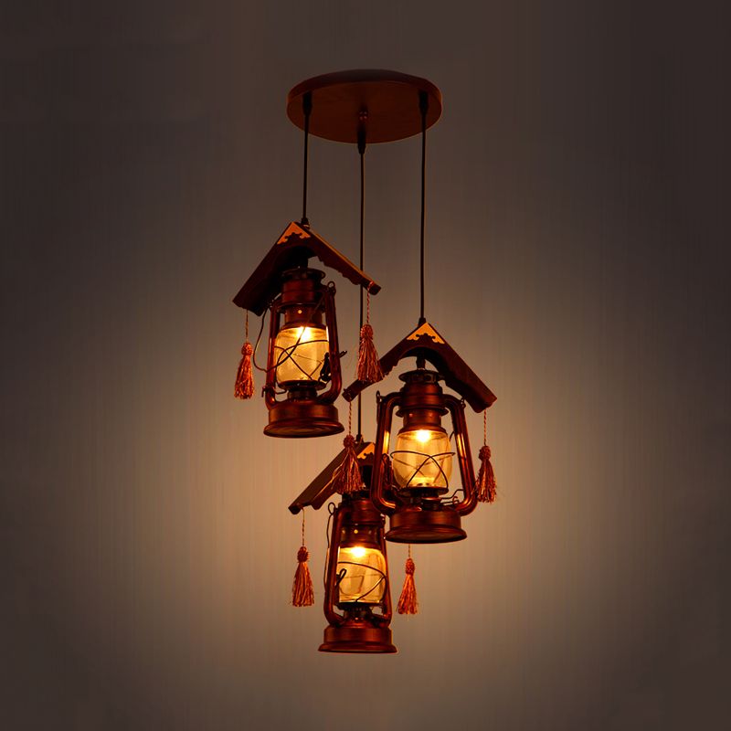 3 Lights Clear Glass Ceiling Pendant Retro Copper Kerosene Dining Room Hanging Lighting with Wood Roof Deco