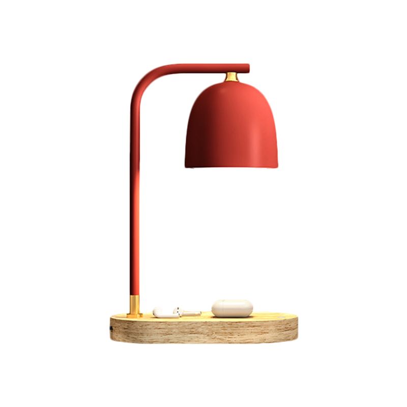 Minimalist 1 Head Nightstand Light Black/White/Red Finish Dome Wooden Night Lamp with Metallic Shade