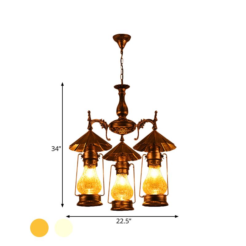 Bronze 3 Heads Pendant Chandelier Warehouse Yellow Crackle/White Glass Kerosene Hanging Ceiling Light for Restaurant