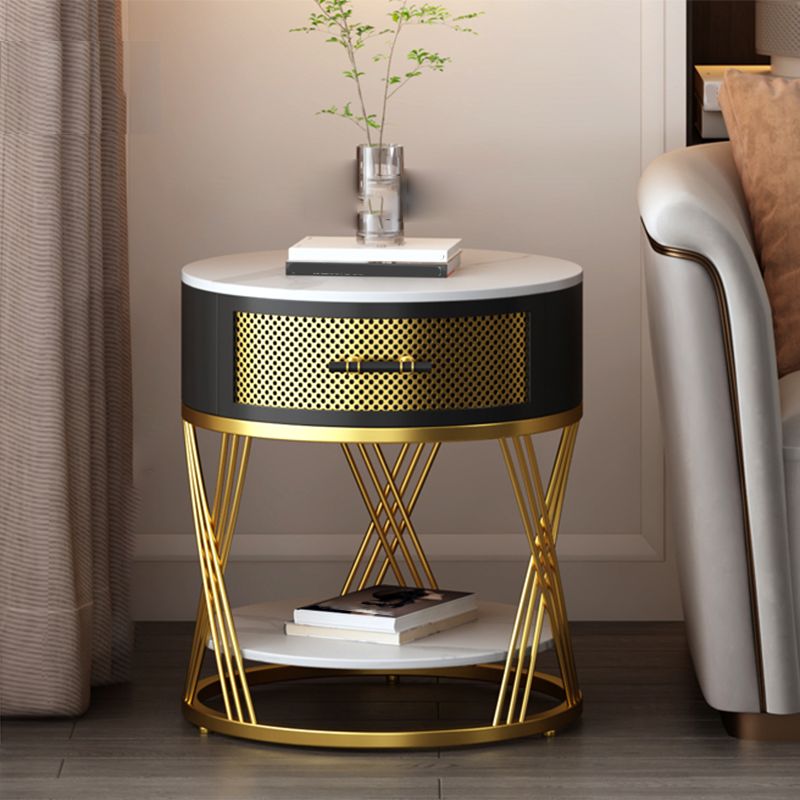 Glam Stone Top Night Table Open Storage 1-Drawer Metal Legs Included Nightstand