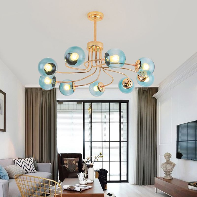 Round Ceiling Chandelier Modern Style Blue/Amber Glass 9 Lights in Gold/Black Hanging Lamp Kit