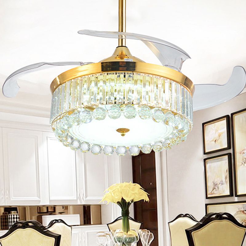 19" Wide Faceted Crystal Drum Ceiling Fan Light Simple LED Gold Semi Mount Lighting with 4 Blades