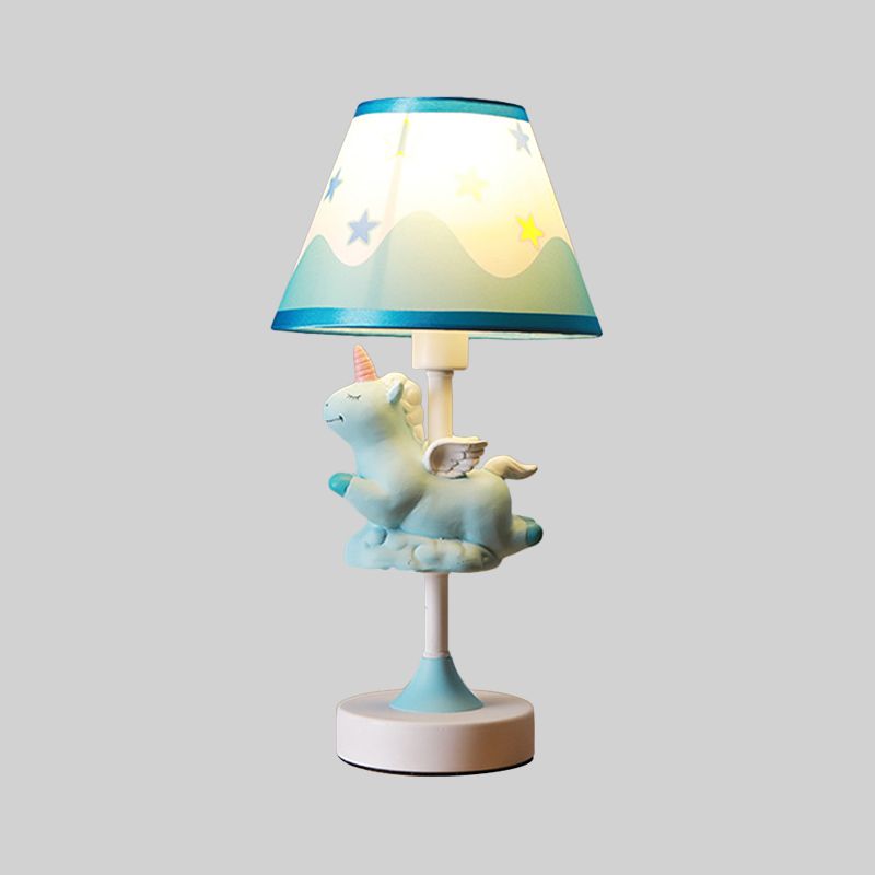 Unicorn Bedroom Night Light Resin 1-Light Cartoon Night Table Lamp in Pink/Yellow/Blue with Cone Fabric Shade