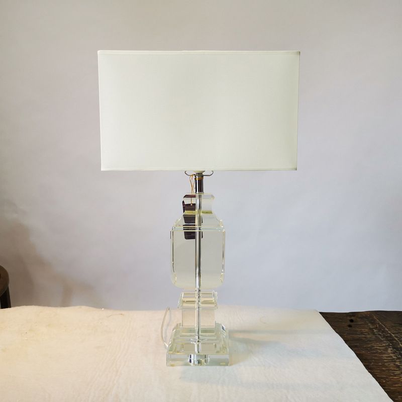 Modern Rectangle Crystal Table Lamp 1-Head Night Lighting in White with Fabric Shade