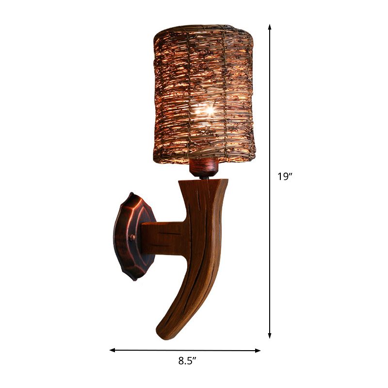 Lampada a parete in legno armato cinese 1 lampadina marrone sconde con tonalità di rattan cilindri