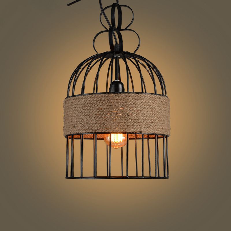 Vintage Birdcage Hanging Lamp Single-Bulb Iron Lighting Pendant with Hemp Rope in Black