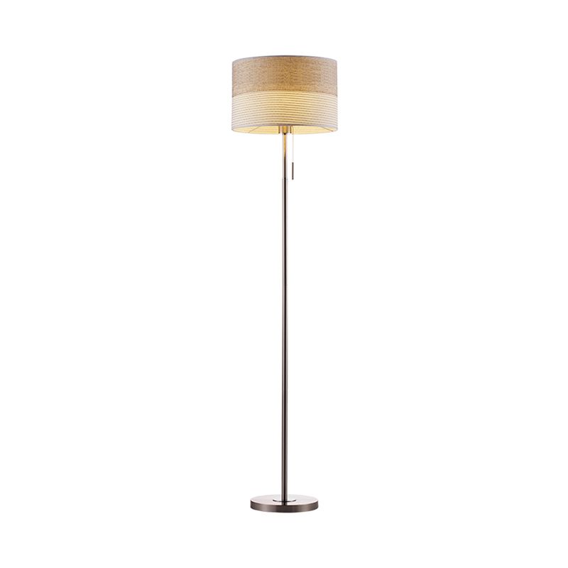 Beige Cylinder Floor Standing Lamp Minimal Fabric 1 Light Fabric Reading Floor Light with Pull Chain