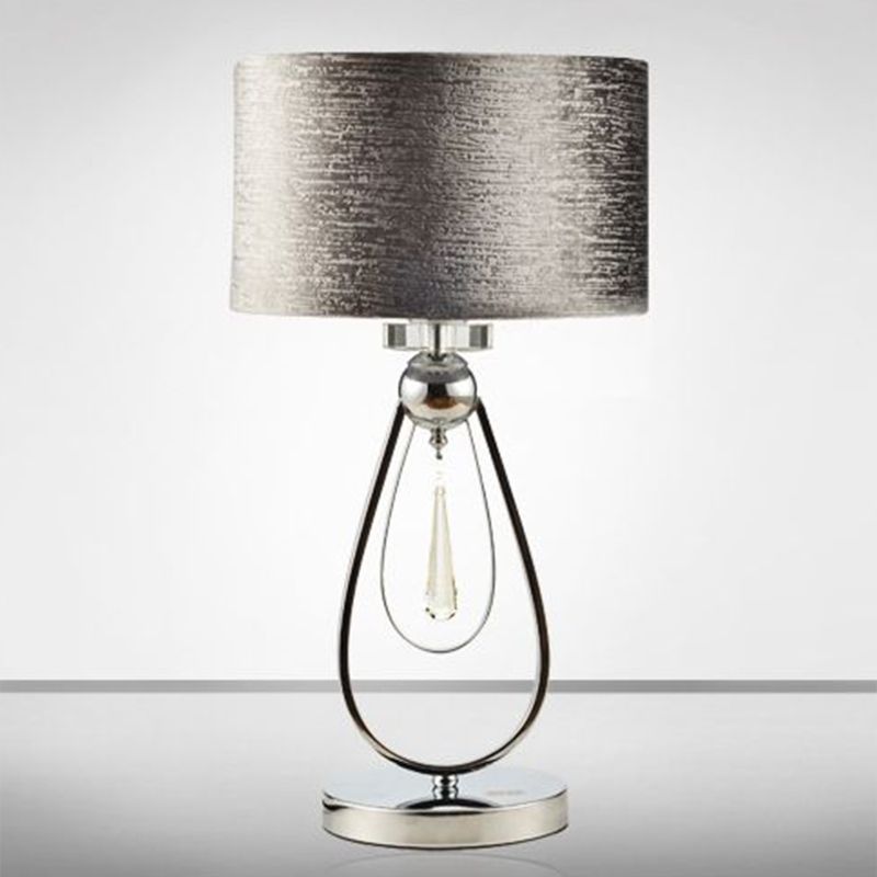 Brushed Grey Drum Table Lamp Contemporary 1-Light Fabric Night Light with Open Teardrop Stand