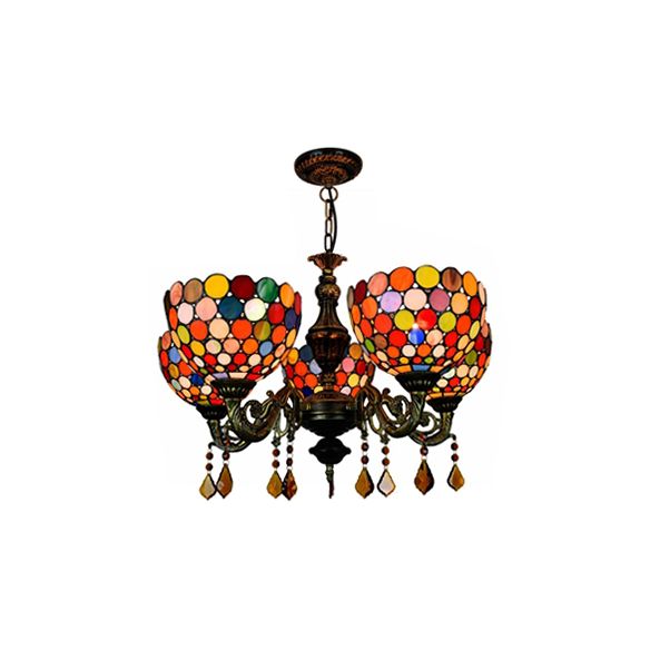 Retro Style Bowl Hanging Lamp Stained Glass 5 Heads Decorative Chandelier for Dining Room