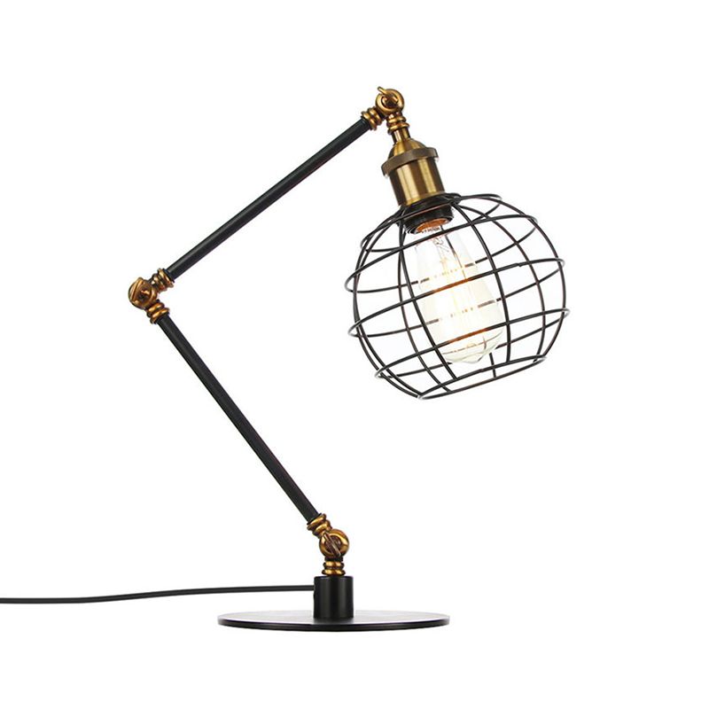 Warehouse Wire Guard Table Light Metal 1 Head Coffee Shop Table Lamp with Global Shade in Black/Brass Finish