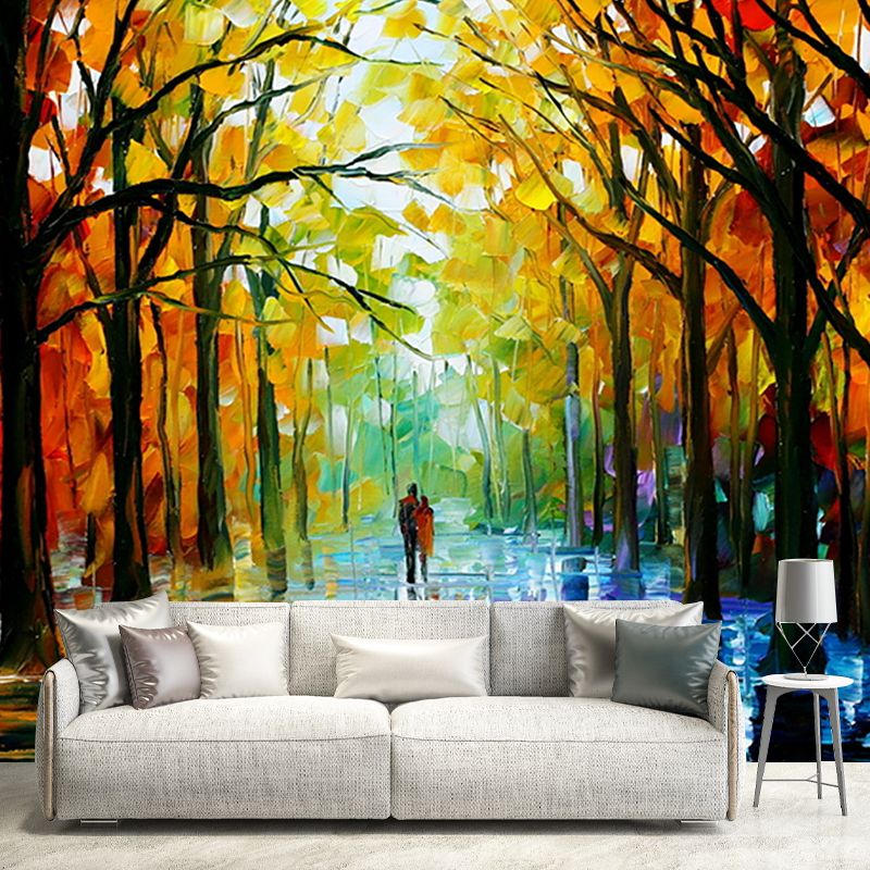 Waterproof Wallpaper Mural Classic Non-Woven Wall Decor with Leonid Afremov Walk in Fall Forest Pattern