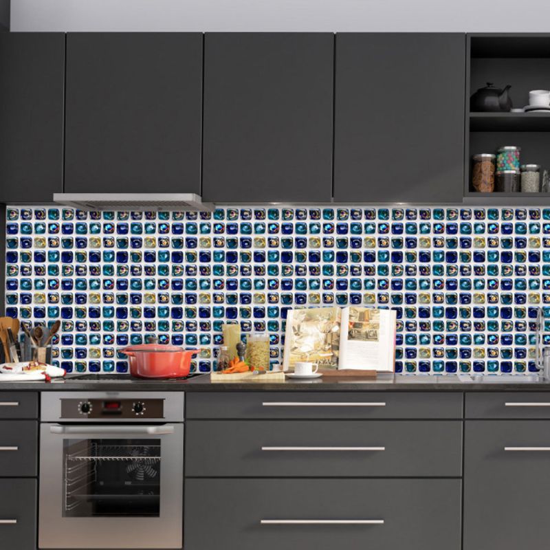 Modern Faux Embossed Tiles Wallpapers Blue Mosaic Effect Adhesive Wall Decor for Kitchen, 10 Pieces