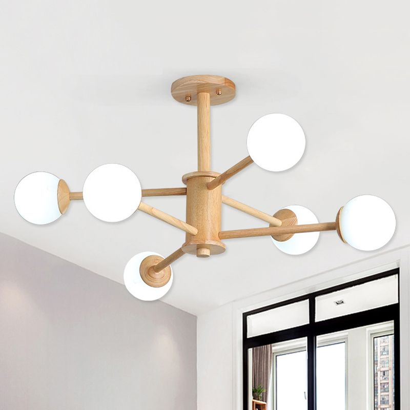 Starburst Chandelier Lighting Contemporary Wooden 6/8/12 Lights Hanging Ceiling Lamp Fixture with White Glass Ball Shade in Natural Wood