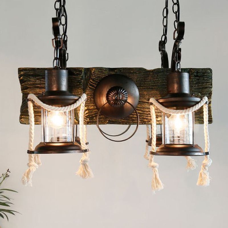 Lantern Clear Glass Chandelier Lamp Industrial 4/6 Heads Restaurant Ceiling Pendant Light in Wood