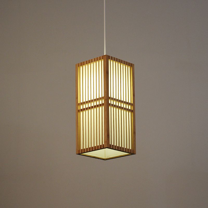 Rectangle Wood Hanging Light Asia 1 Bulb Beige Suspended Lighting Fixture with Adjustable Cord