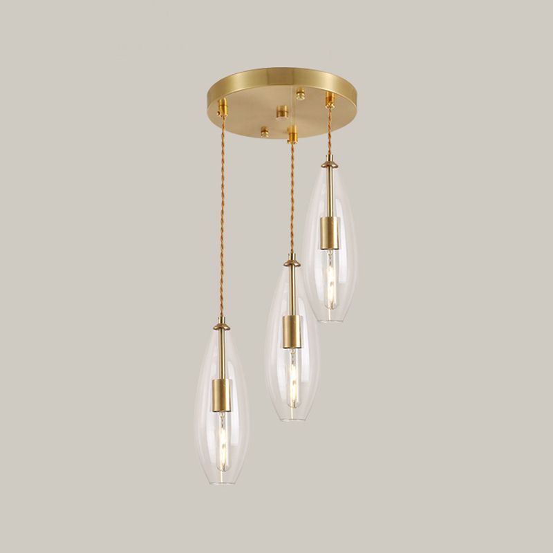 Messing waterdrop multi -light hanger modernistische 3 bollen helder glazen suspensielamp met ronde luifel