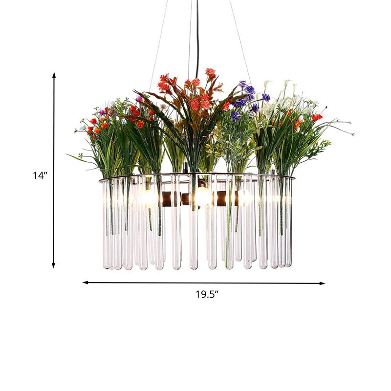 Metallgrün hängende Kronleuchtertrommel 4 Lichter Vintage LED -Anhänger Beleuchtung mit Blumendekoration