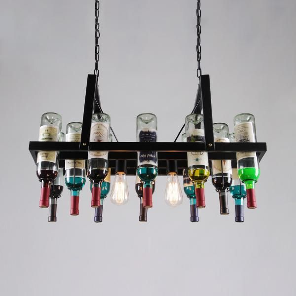 2-Light Clear Glass Hanging Chandelier Industrial Black Multi-color Wine Bottle Bistro Pendant Light