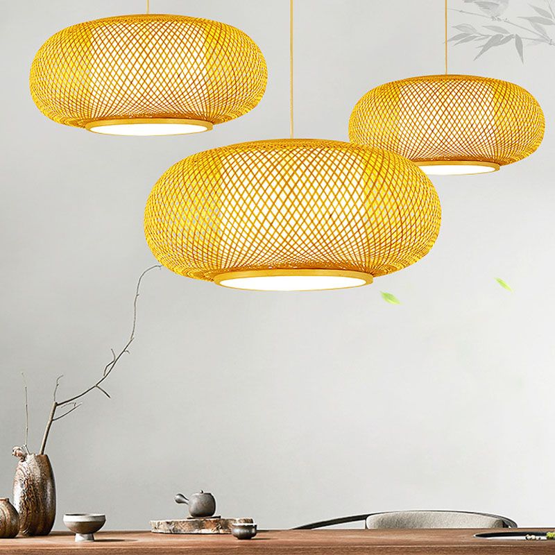 Asian Style Hand-weaving Bamboo Hanging Lamp Lanterns Shaped Single Bulb Lighting Fixture for Restaurant