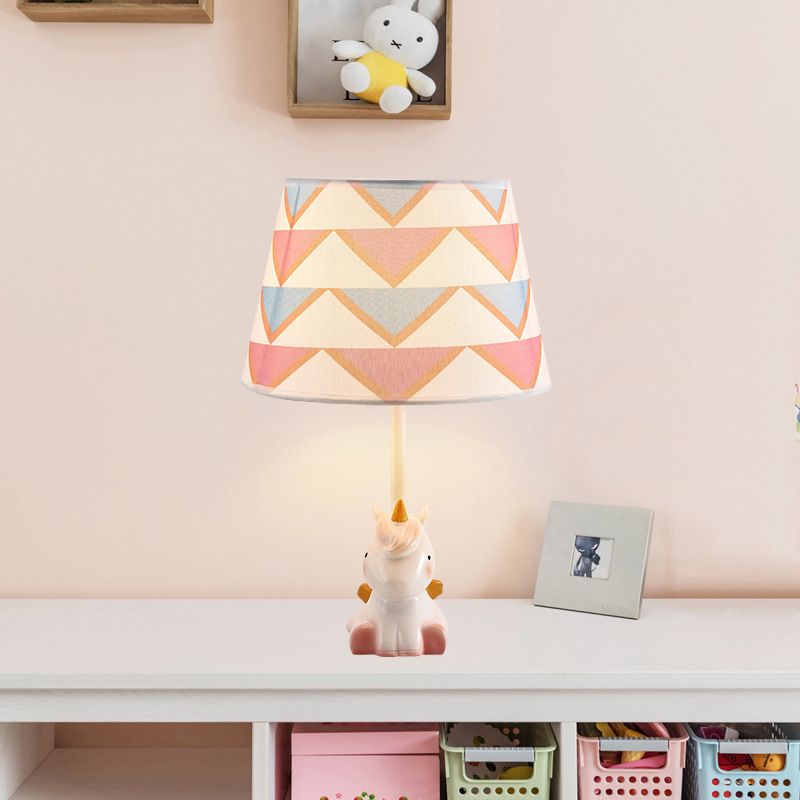 Pink Unicorn Table Lamp Cartoon 1��Head Resin Nightstand Light with Patterned Empire Shade