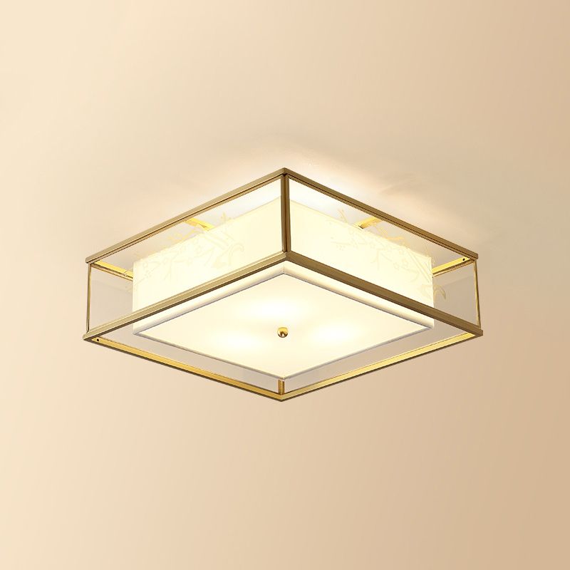 Fabric Square Shape Flush Mount Light Modern 3 Lights Flush Mounted Light Fixture in Gold