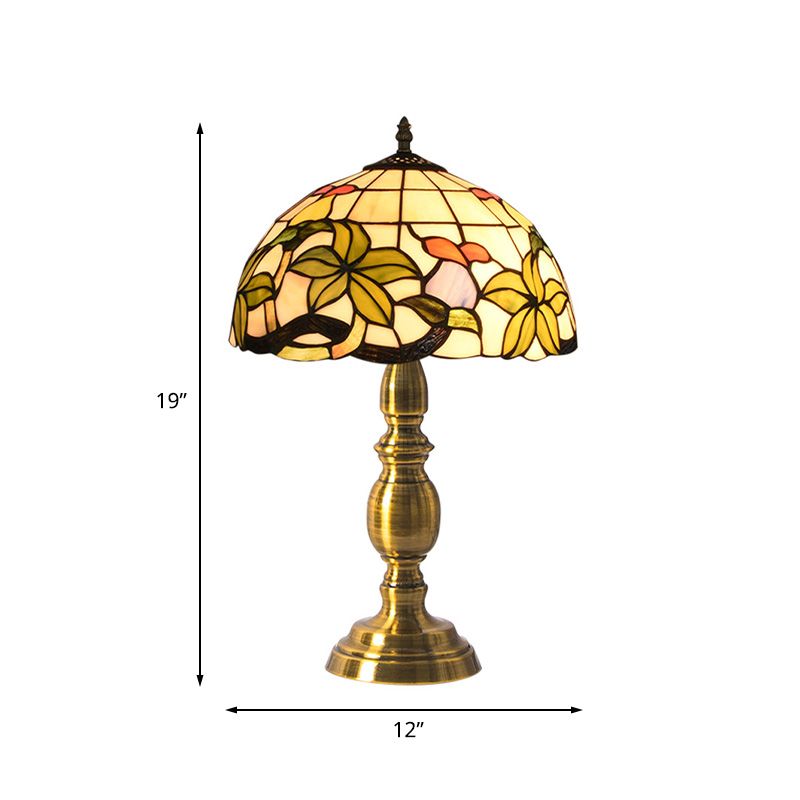 Domed Table Lamp 1 Light Stained Art Glass Tiffany Style Petal Patterned Night Light in Brushed Brass