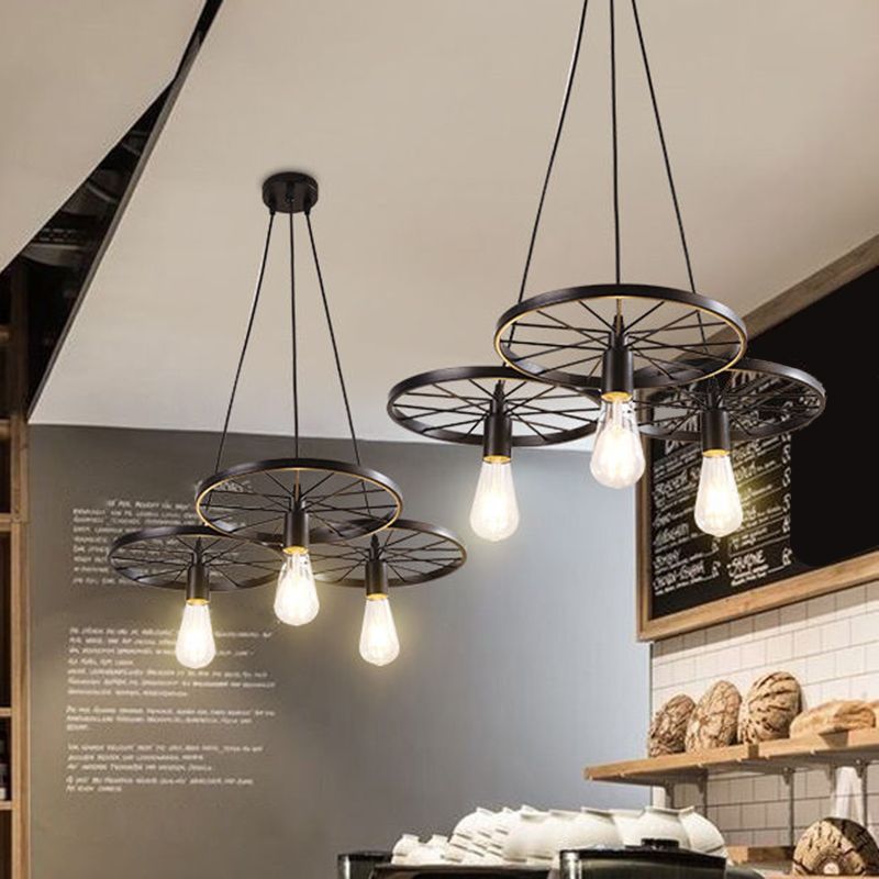 Metal Hanging Pendant Light Vintage Style Black Wagon Wheel Coffee Shop Suspension Lamp