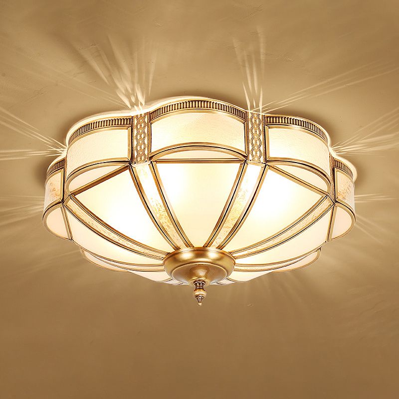 Scalloped Led Bedroom Flush Monte Lighting Classic Frost Glass Gold Semi Flush Chandelier