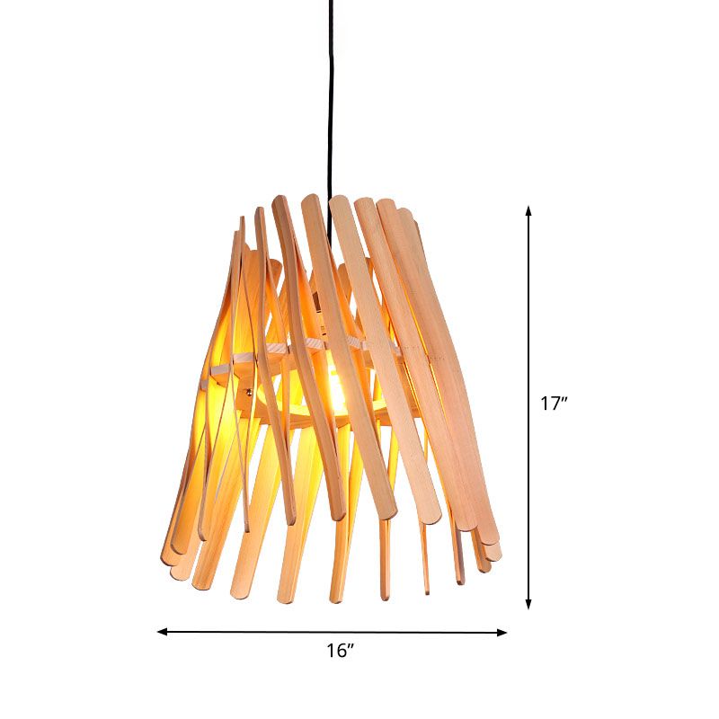 1 Glühbirnenschlafzimmer Hanging Lamp Asia Beige Decke Anhänger Licht mit konischem Holzschatten