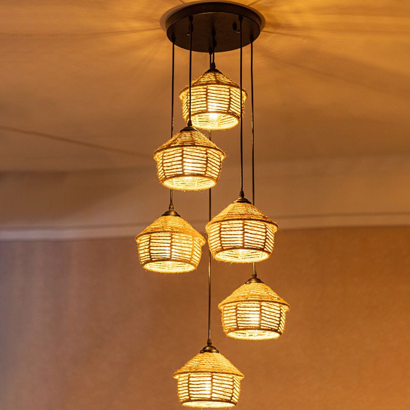 3/6 Lights Rope Cluster Pendant Rural Brown Barn Dining Room Ceiling Suspension Lamp with Round/Linear Canopy