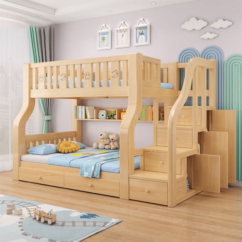 Contemporary Bunk Bed Solid Wood Natural Standard Storage Slat with Stairway