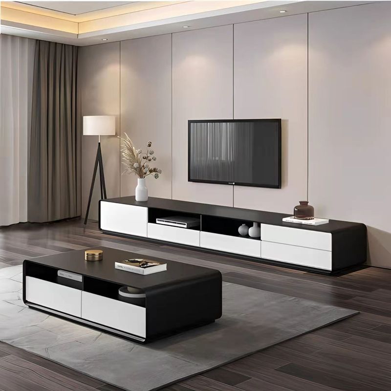 Contemporary Open Shelving TV Console Engineered Wood TV Stand in Black and White