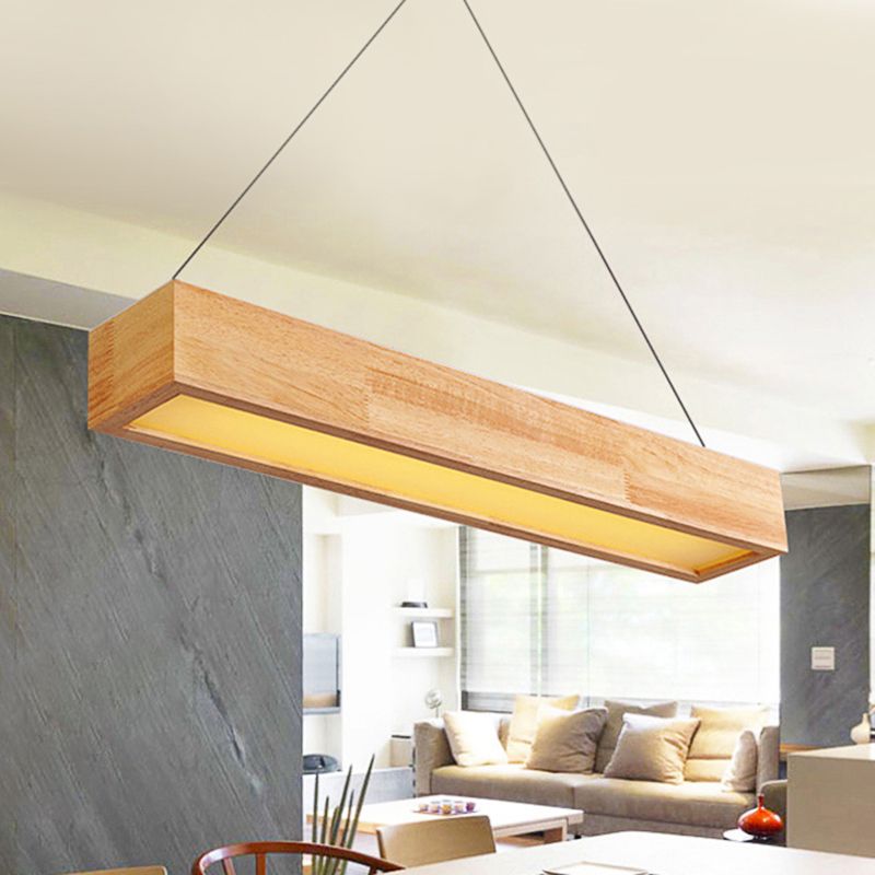 Beige Linear LED Pendant Light Modern 1-Head Wood Hanging Ceiling Lamp in Warm/White Light, 23.5"/35.5"/47" Wide