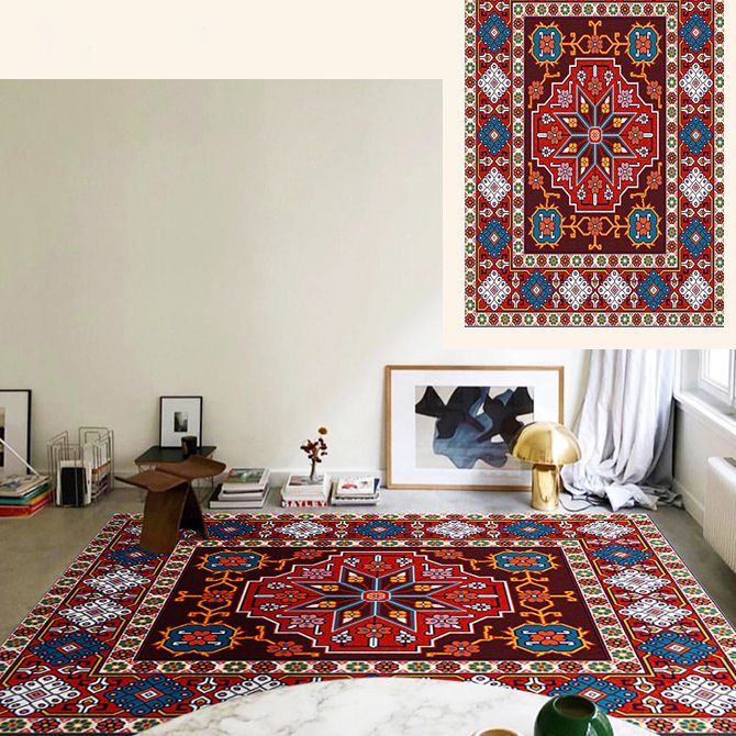 Brightly Colored Moroccan Area Rug Traditional Floral Printed Floral Printed Polyester Non-Slip Backing Carpet for Living Room