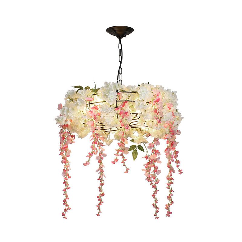 Metal Round Chandelier Light Fixture Industrial 4/5 Lights Restaurant Hanging Lamp Kit in Pink with Flower Decoration