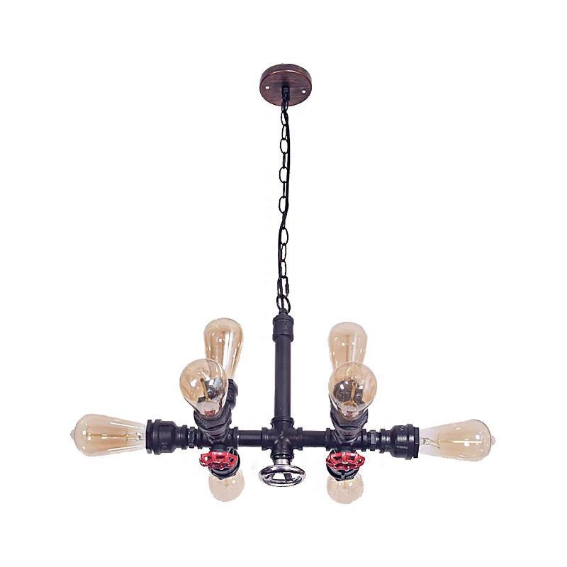 Black Water Pipe Chandelier Lamp Industrial Metal 8-Light Living Room Hanging Light with Valve