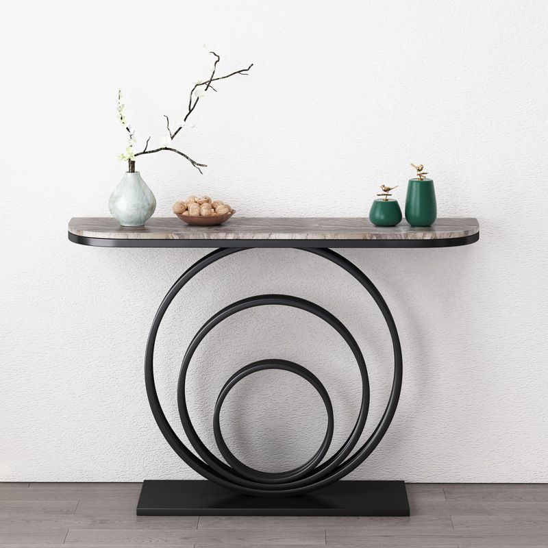 Modern Half Moon Console Table Top Stone Accent Table with Metal Black Base