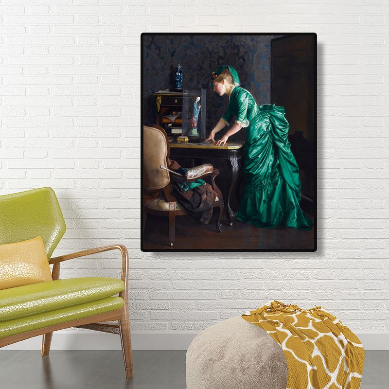 Green Gentlewoman Painting Wall Art Figure Vintage Textured Canvas Print for Room