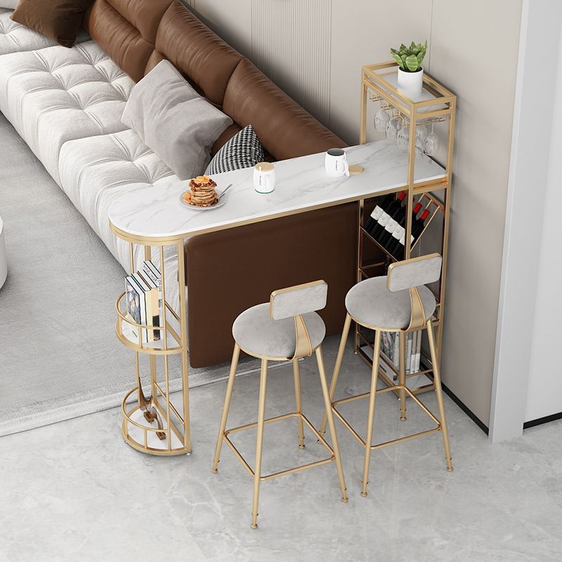 Modern Iron Bar Dining Table White Stone Top Indoor Bistro Table with Wine Rack