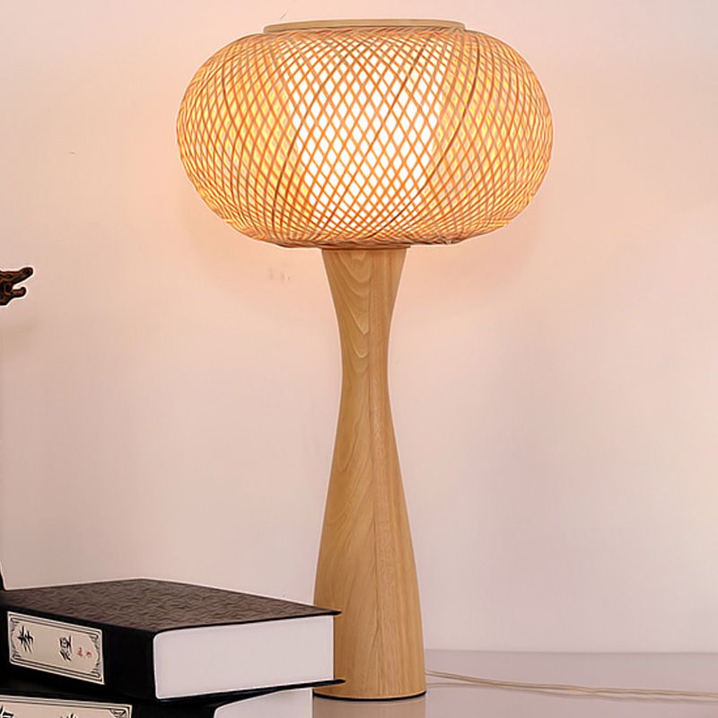 1 tête d'éclairage de tâche artisanal à la main Aian lampe de bureau en bambou en beige avec base en bois évasé